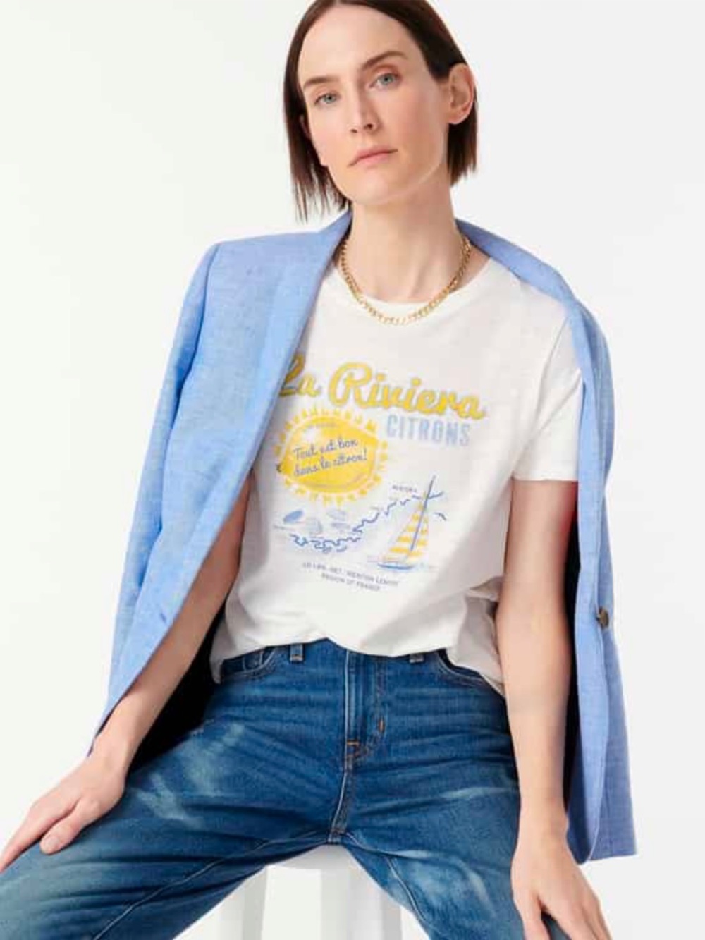 J.Crew La Riviera Citron French Riviera Graphic Tee White XS Euro Summer
